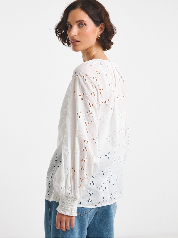 JD Williams White Broderie Puff Sleeve 100% Cotton Top - Image 2 of 4