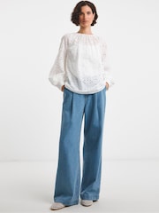JD Williams White Broderie Puff Sleeve 100% Cotton Top - Image 3 of 4