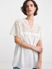 JD Williams White Crinkle Broderie Trim Top - Image 1 of 4