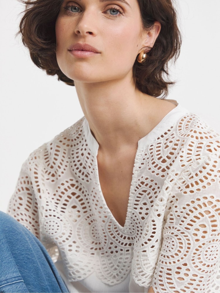 JD Williams White Crinkle Broderie Trim Top - Image 4 of 4