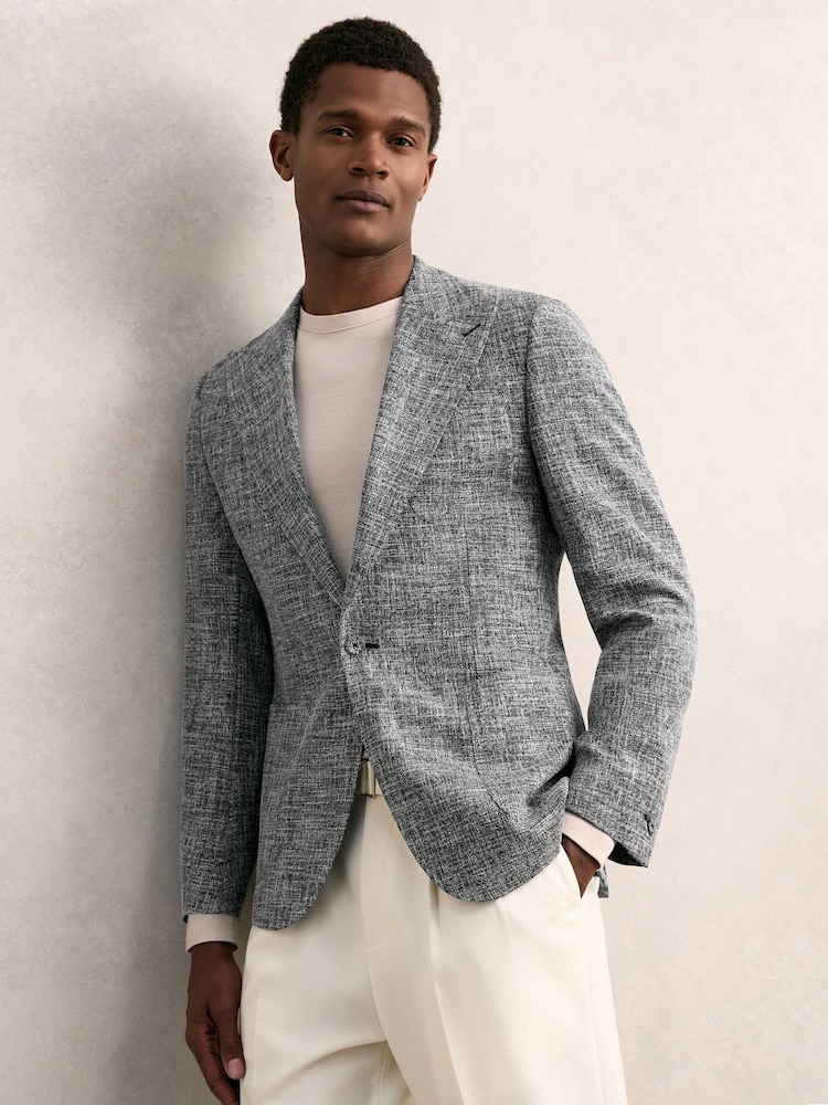 Reiss Navy Melange Meridean Single-Breasted Textured Mélange Blazer Slim-Fit - Image 1 of 7