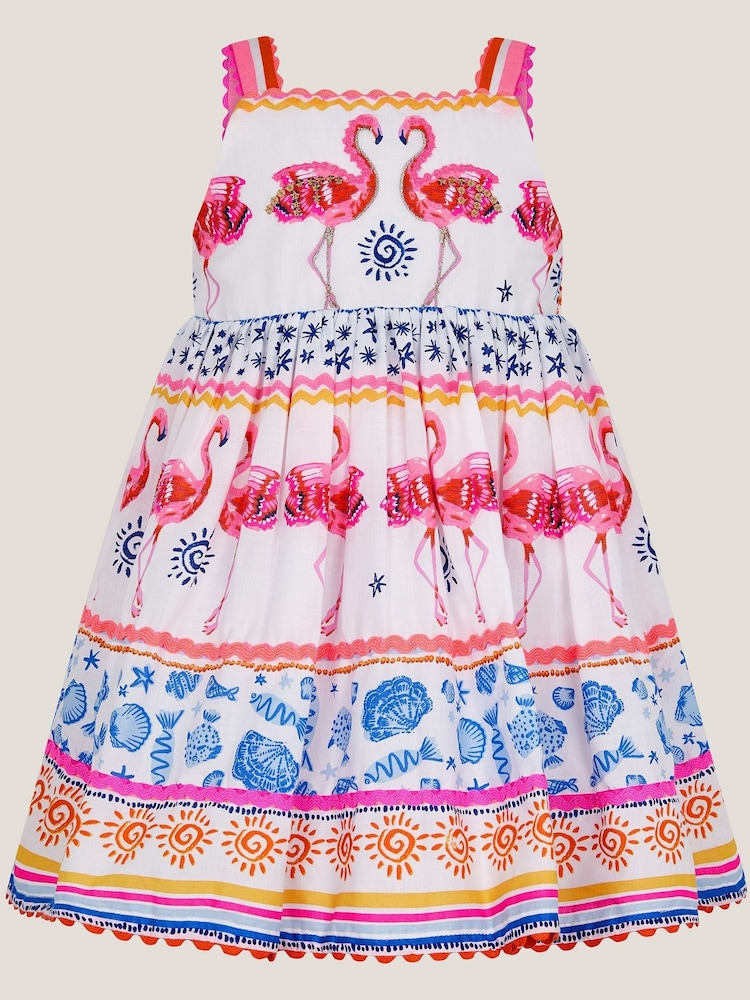 Monsoon White Sequin Embellished Flamingo 100% Cotton Dress - Image 1 of 3