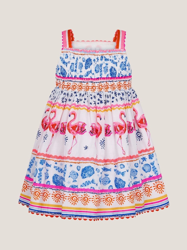 Monsoon White Sequin Embellished Flamingo 100% Cotton Dress - Image 2 of 3