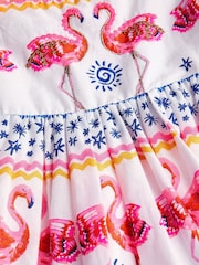 Monsoon White Sequin Embellished Flamingo 100% Cotton Dress - Image 3 of 3