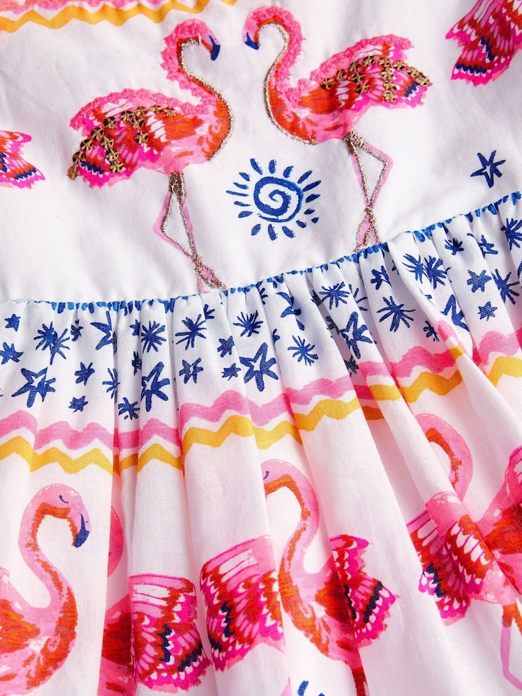 Monsoon White Sequin Embellished Flamingo 100% Cotton Dress - Image 3 of 3