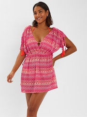 Accessorize Pink Crochet Mini Kaftan - Image 1 of 4