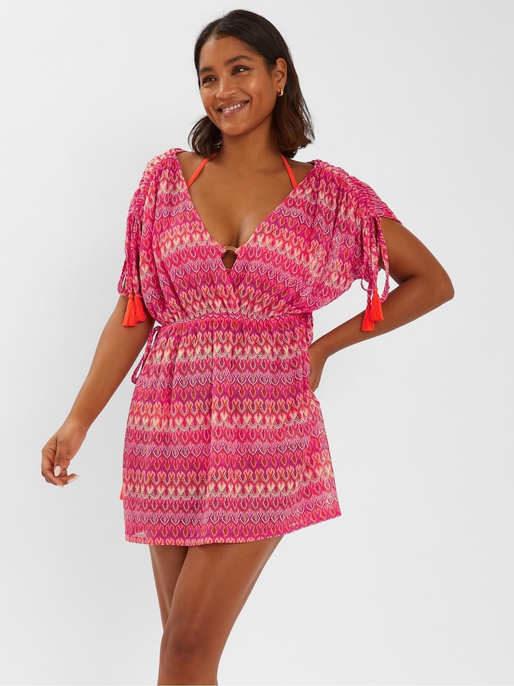 Accessorize Pink Crochet Mini Kaftan - Image 1 of 4