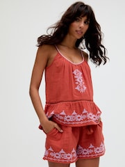 Raffya Brown 100% Cotton Lilly Spaghetti Strap Embroidered Cami - Image 1 of 3