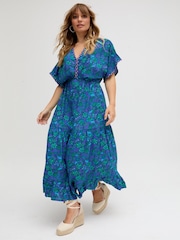 Raffya Blue 100% Cotton Kaftan Style Floral Printed Maxi Dress - Image 1 of 5