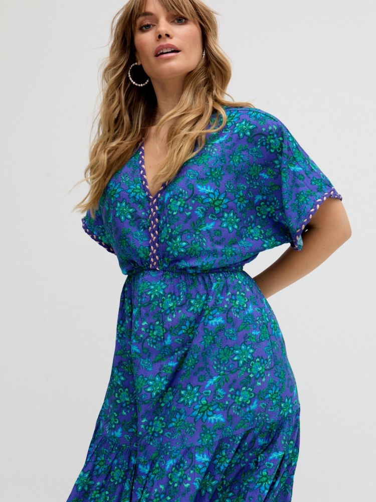 Buy Raffya Blue 100% Cotton Kaftan Style Floral Printed Maxi Dress