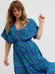 Raffya Blue 100% Cotton Kaftan Style Floral Printed Maxi Dress - Image 4 of 5