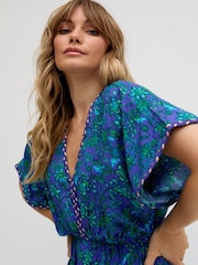 Raffya Blue 100% Cotton Kaftan Style Floral Printed Maxi Dress - Image 5 of 5