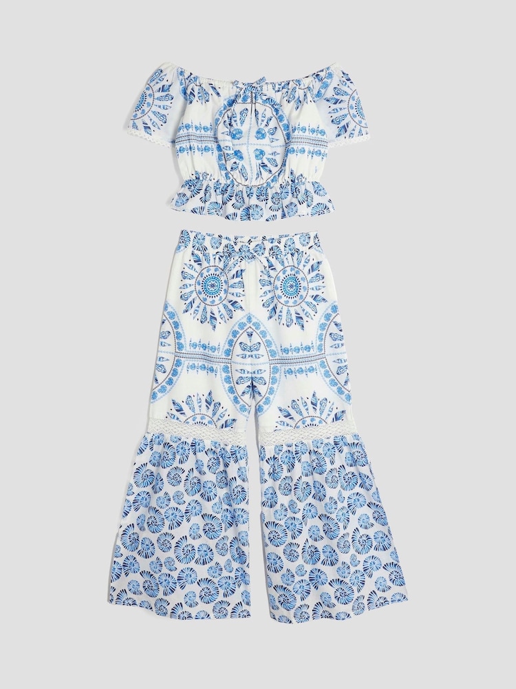River Island White Girls Shell 100% Cotton Top and Trousers Set - Image 1 of 4 River Island White Girls Shell 100% Cotton Top and Trousers Set - Image 1 of 4