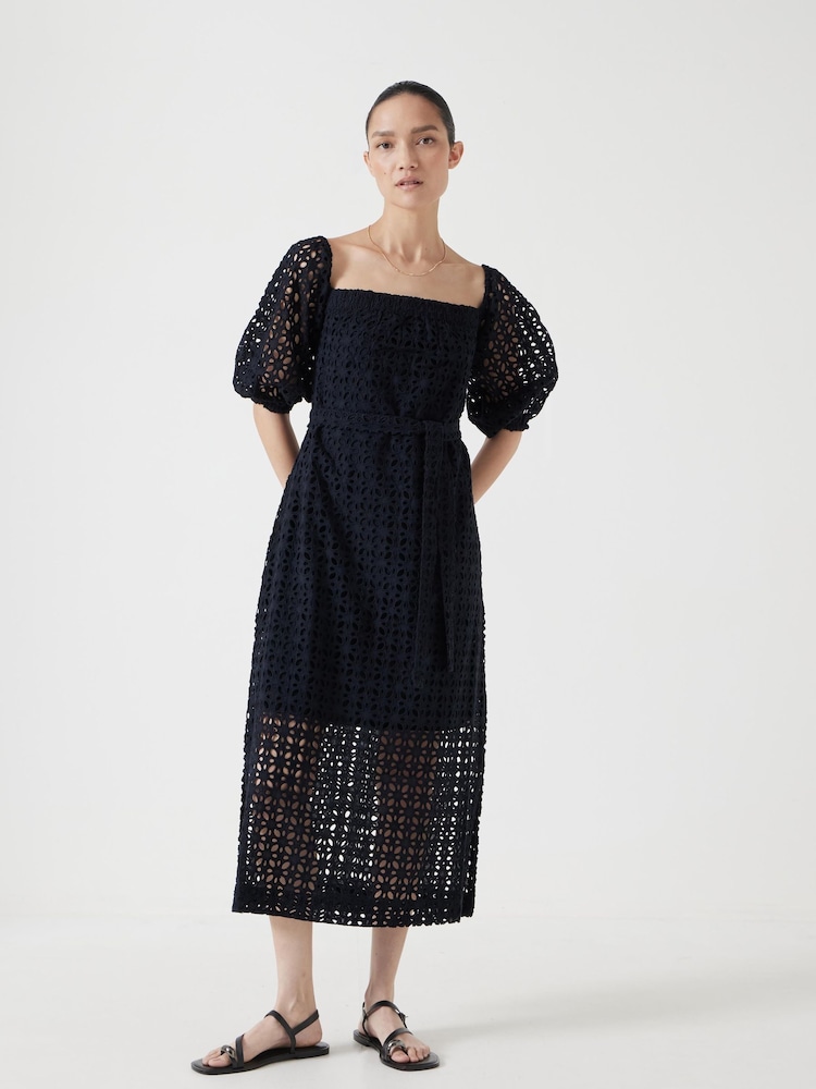 Hush Black Broderie Off Shoulder Midi 100% Cotton Dress - Image 1 of 7