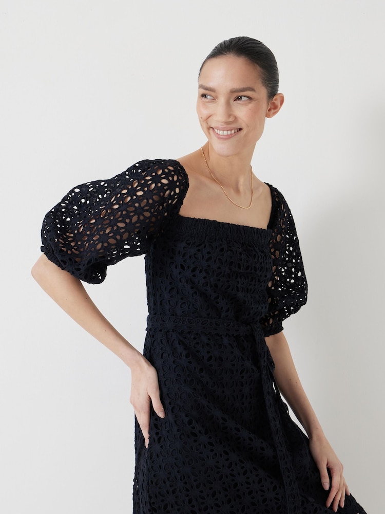 Hush Black Broderie Off Shoulder Midi 100% Cotton Dress - Image 2 of 7