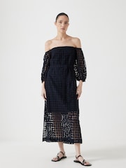 Hush Black Broderie Off Shoulder Midi 100% Cotton Dress - Image 6 of 7