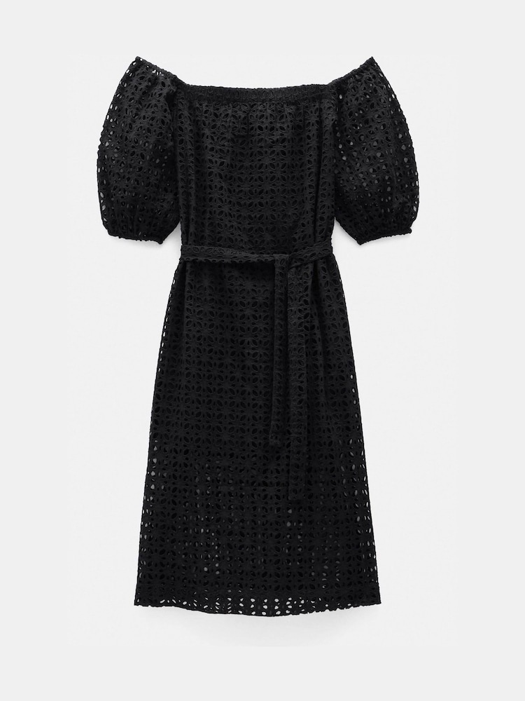 Hush Black Broderie Off Shoulder Midi 100% Cotton Dress - Image 7 of 7