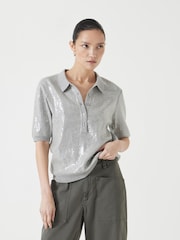 Silber - Hush Sequin Stripe Knitted Polo Shirt - Bild 1 von 5