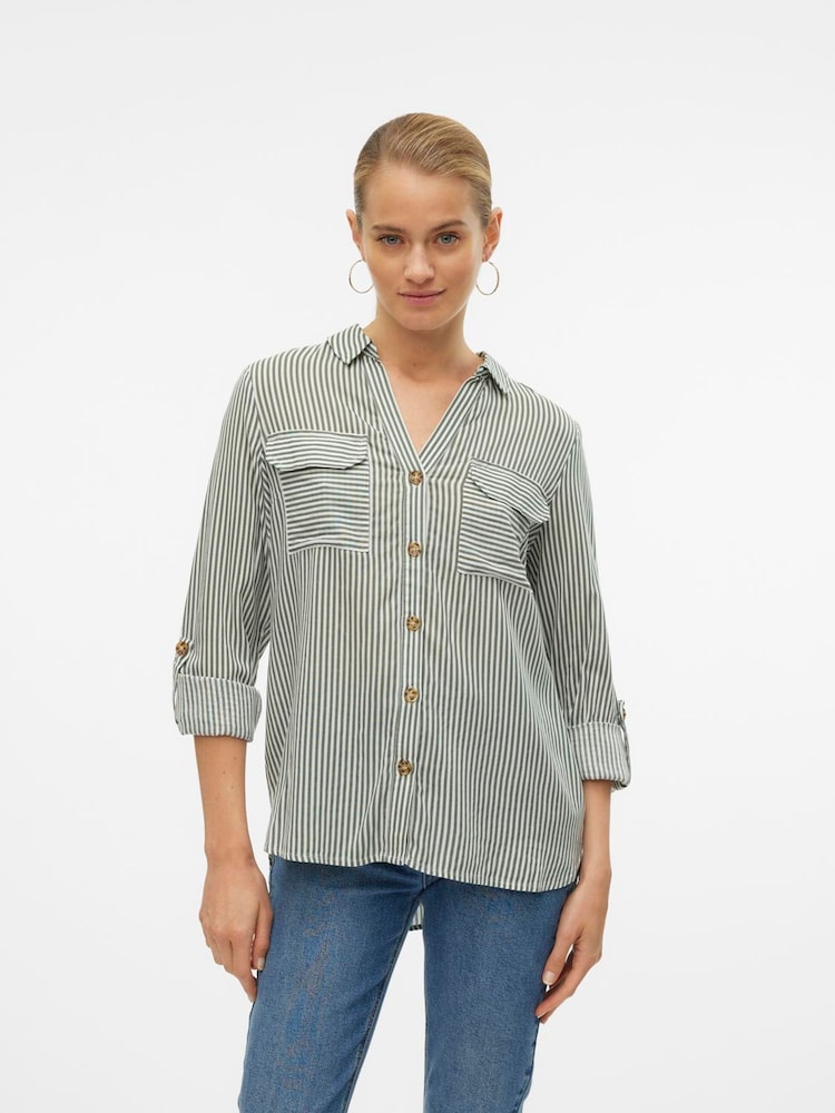 VERO MODA Grey Tortoise Button Stripe Shirt - Image 1 of 5