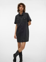 VERO MODA Black Short Sleeve Button Down Denim Dress - Image 1 of 5