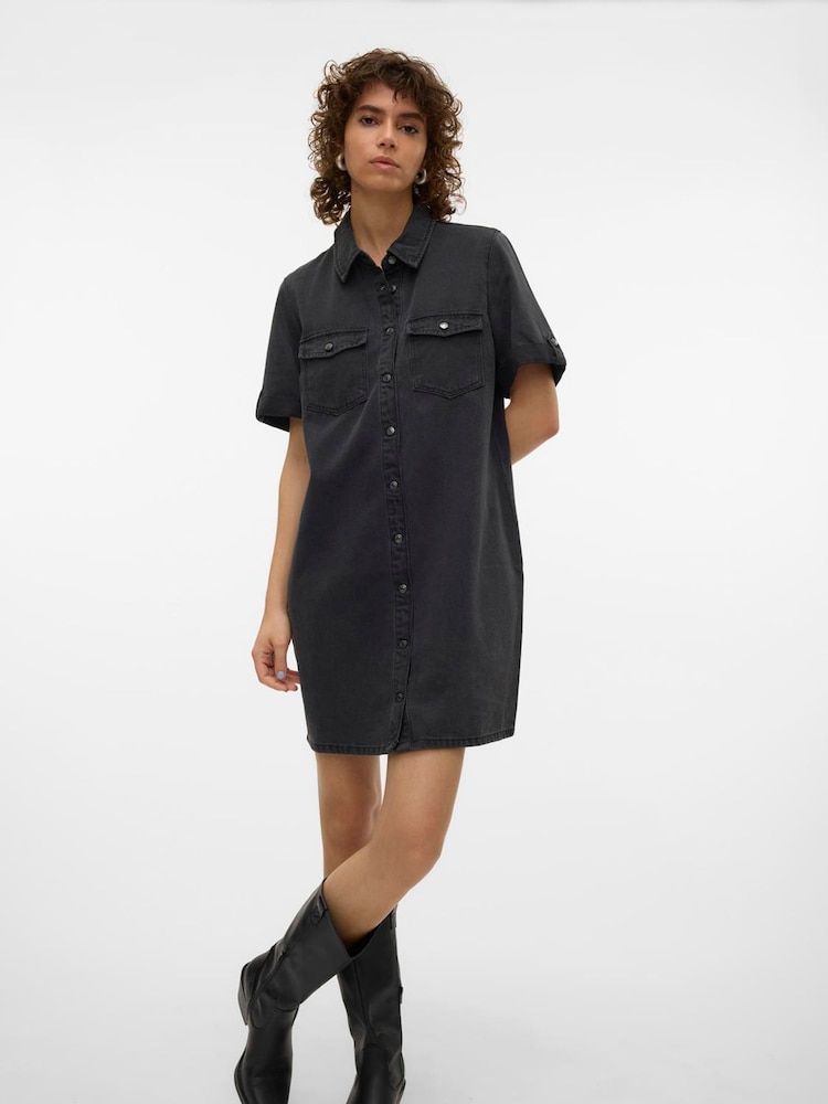 VERO MODA Black Short Sleeve Button Down Denim Dress - Image 1 of 5