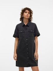 VERO MODA Black Short Sleeve Button Down Denim Dress - Image 3 of 5
