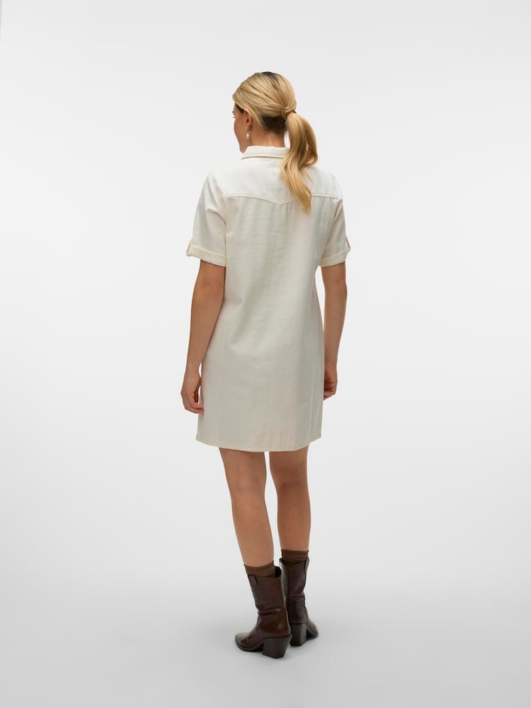 VERO MODA White Short Sleeve Button Down Denim Dress - Image 2 of 6