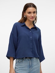 VERO MODA Blue Textured Cropped 100% Cotton Shirt - Image 1 of 5