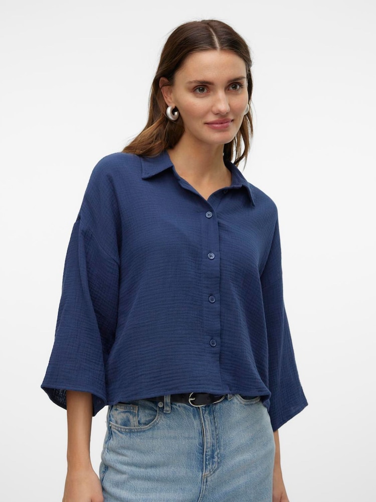 VERO MODA Blue Textured Cropped 100% Cotton Shirt - Image 1 of 5