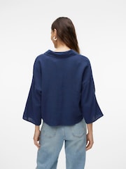 VERO MODA Blue Textured Cropped 100% Cotton Shirt - Image 2 of 5