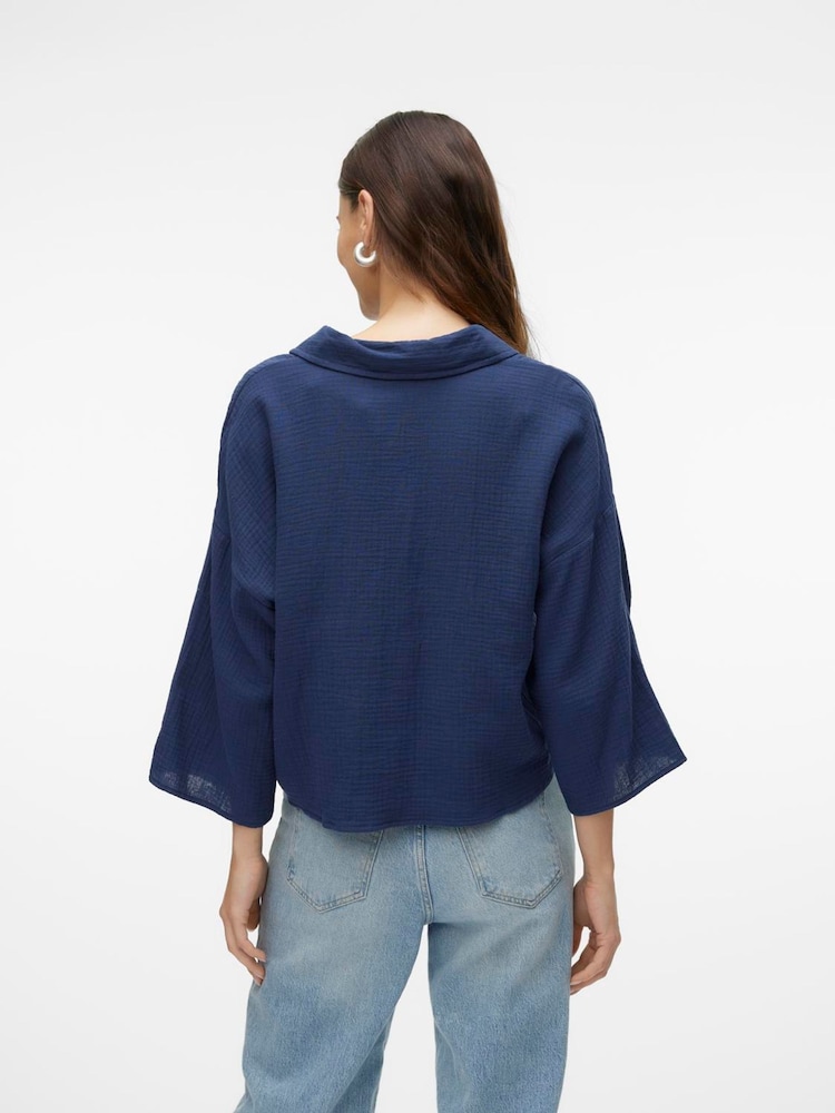 VERO MODA Blue Textured Cropped 100% Cotton Shirt - Image 2 of 5