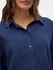 VERO MODA Blue Textured Cropped 100% Cotton Shirt - Image 4 of 5