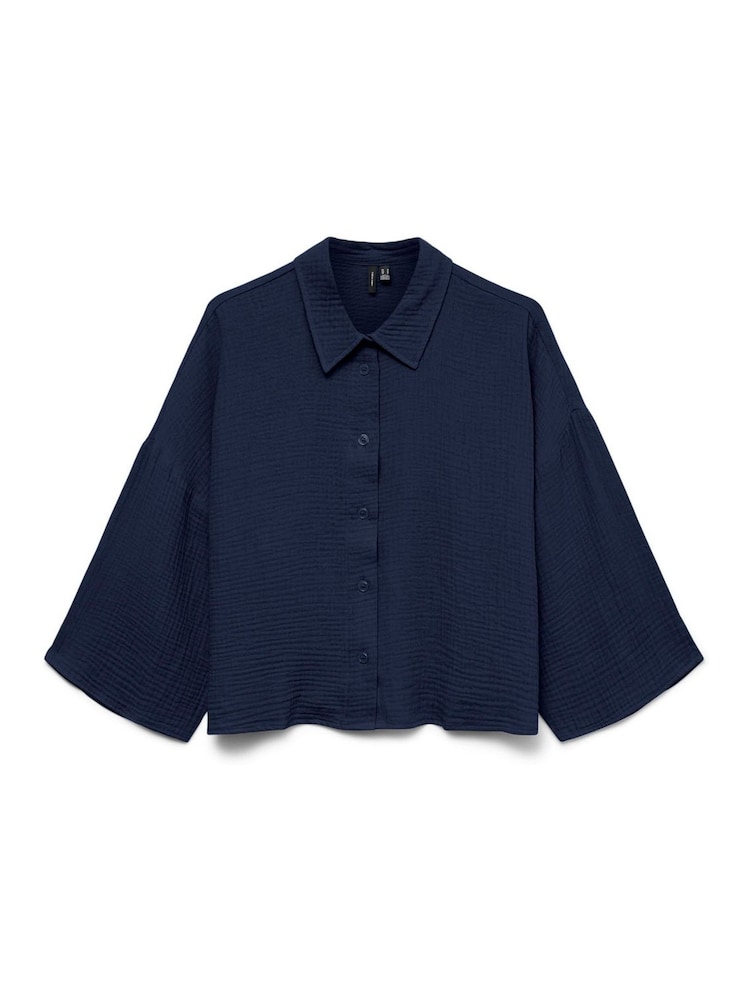 VERO MODA Blue Textured Cropped 100% Cotton Shirt - Image 5 of 5