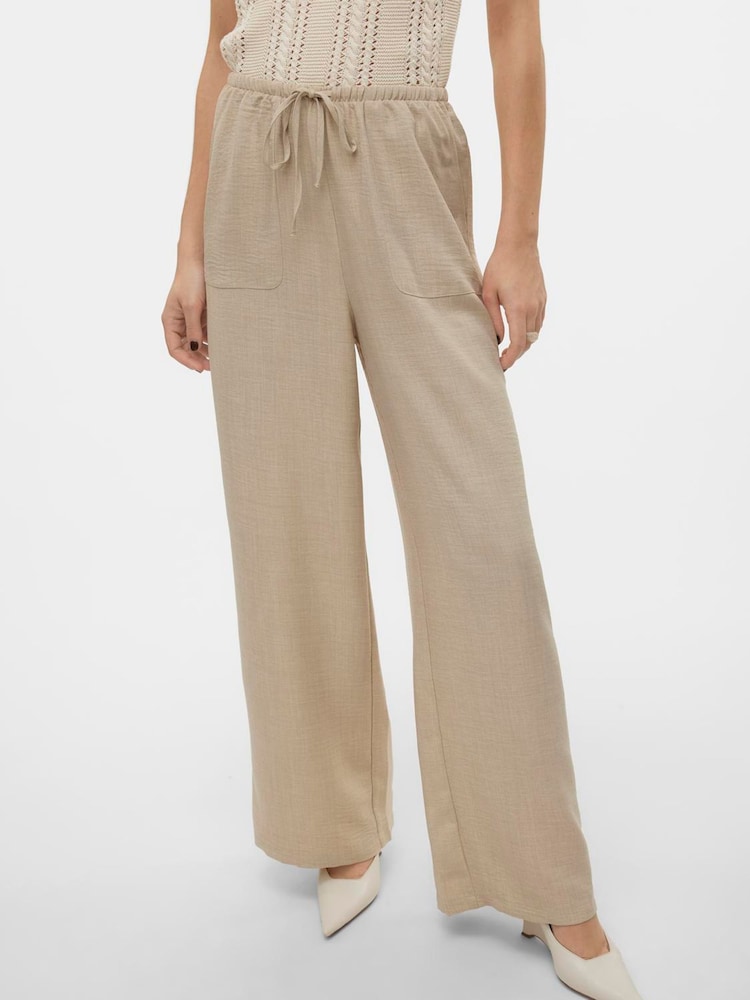 VERO MODA Natural Lightweight Tie Waist Wide Leg Trousers - Image 1 of 5