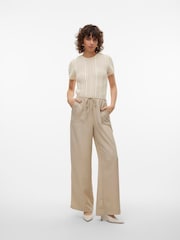 VERO MODA Natural Lightweight Tie Waist Wide Leg Trousers - Image 3 of 5