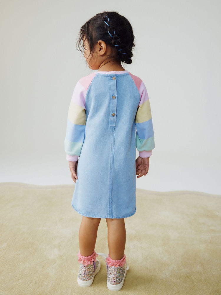 white christmas dresses Molo Girls Chambray Ruffle Dress with Rainbow Embroidery Girls Toddler 2-3 Year Blue Cotton by Childrensalon main image 1