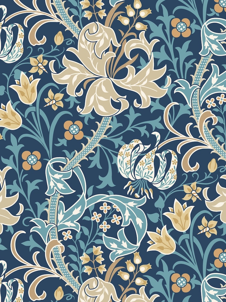 Hoopla Walls Navy Blue Lily Ogee A4 Wallpaper Sample - Image 1 of 1 Hoopla Walls Navy Blue Lily Ogee A4 Wallpaper Sample - Image 1 of 1