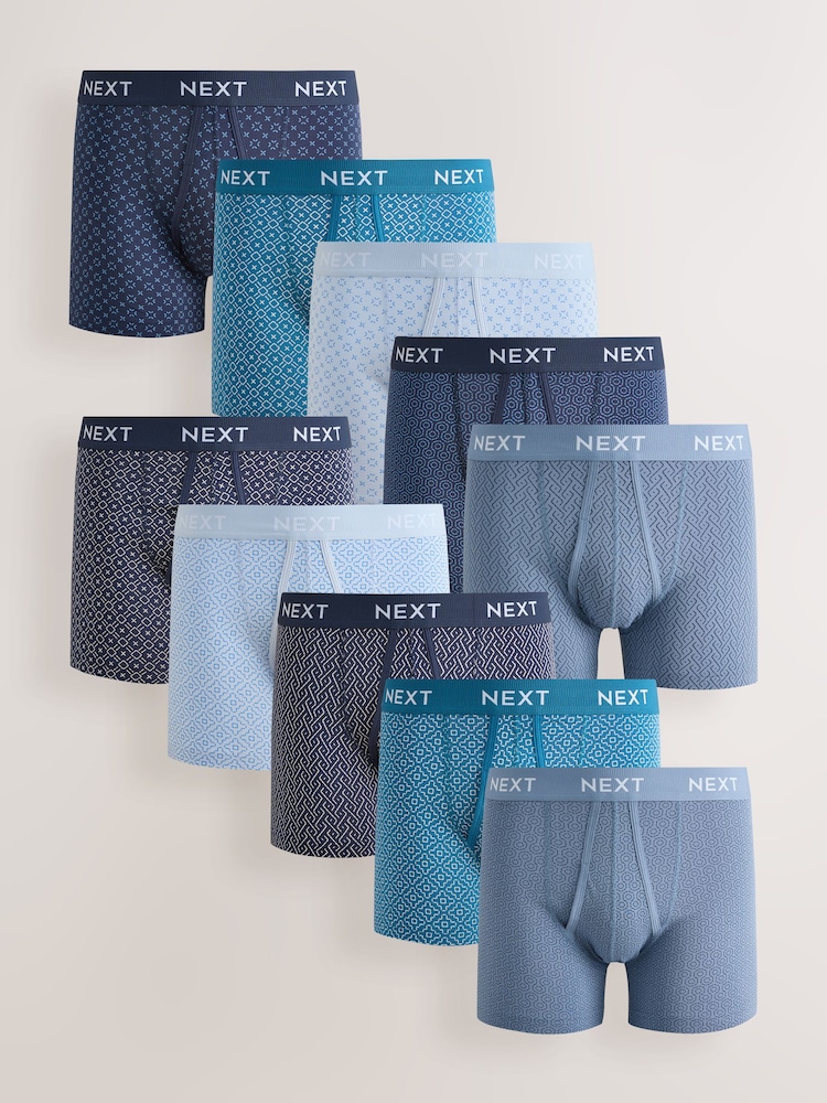 Navy Geo Print 10 pack A-Front Boxers - Image 1 of 14