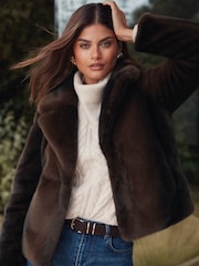 Lipsy Mink Brown Faux-Fur Petite Short Collared Coat - Image 1 of 4