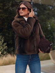 Lipsy Mink Brown Faux-Fur Petite Short Collared Coat - Image 2 of 4