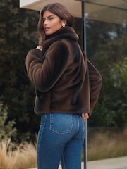 Lipsy Mink Brown Faux-Fur Petite Short Collared Coat - Image 4 of 4