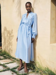 Forever New Blue Yasmin Floral Detail Midi Dress with a touch of Linen - Image 1 of 4