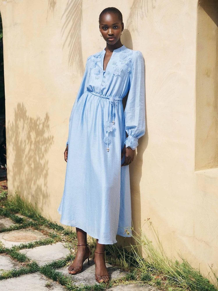 Forever New Blue Yasmin Floral Detail Midi Dress with a touch of Linen - Image 1 of 4