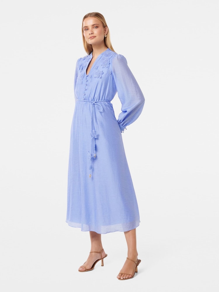 Forever New Blue Yasmin Floral Detail Midi Dress with a touch of Linen - Image 2 of 4