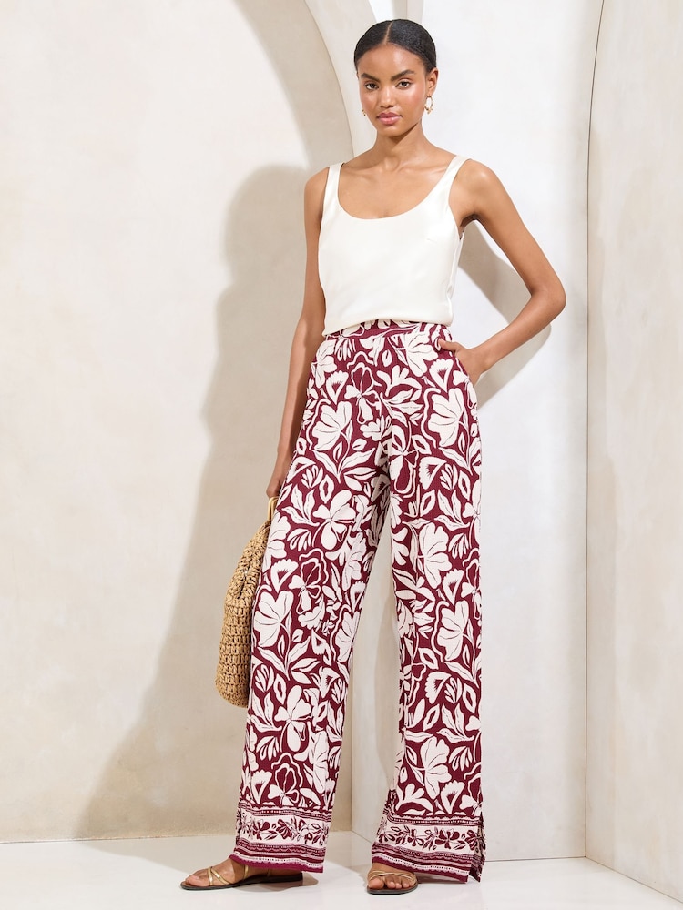 Lipsy Burgundy Red Printed Wide Leg Trousers - Image 2 of 4