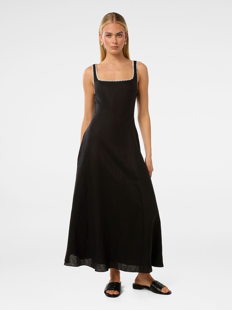 Forever New Black Solene Linen Blend Contrast Whip Stitched Midi Dress - Image 1 of 4