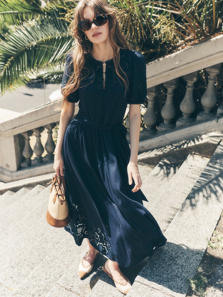 Boden Blue Cutwork Detail Midi Dress - Image 1 of 6