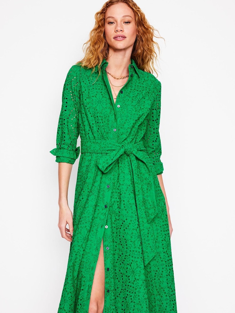 Boden Green 100% Cotton Amy Broderie Midi Shirt Dress - Image 5 of 6