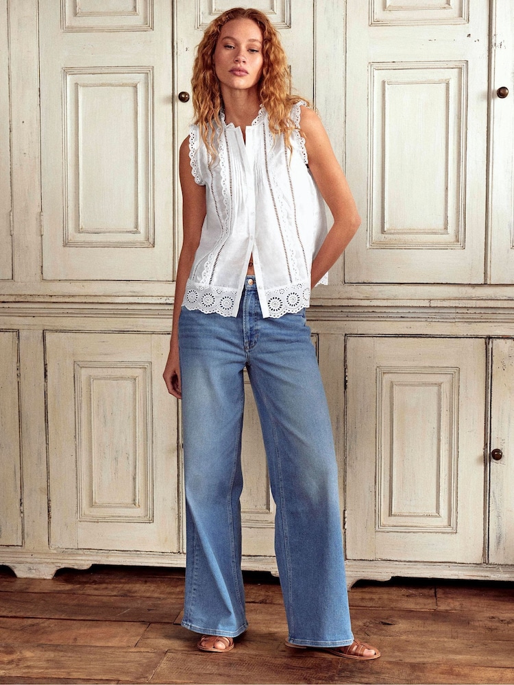 Boden White Sleeveless Broderie 100% Cotton Top - Image 1 of 5