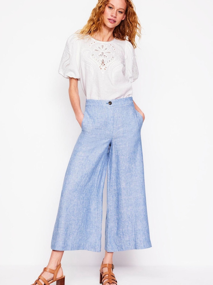 Boden Blue Wide Crop Linen 100% Cotton Trousers - Image 1 of 5